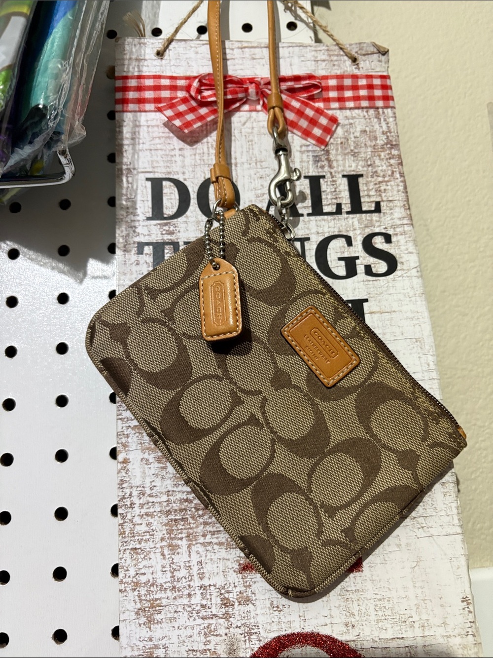 Coach Brown Signature Canvas Wristlet with Tan Trim